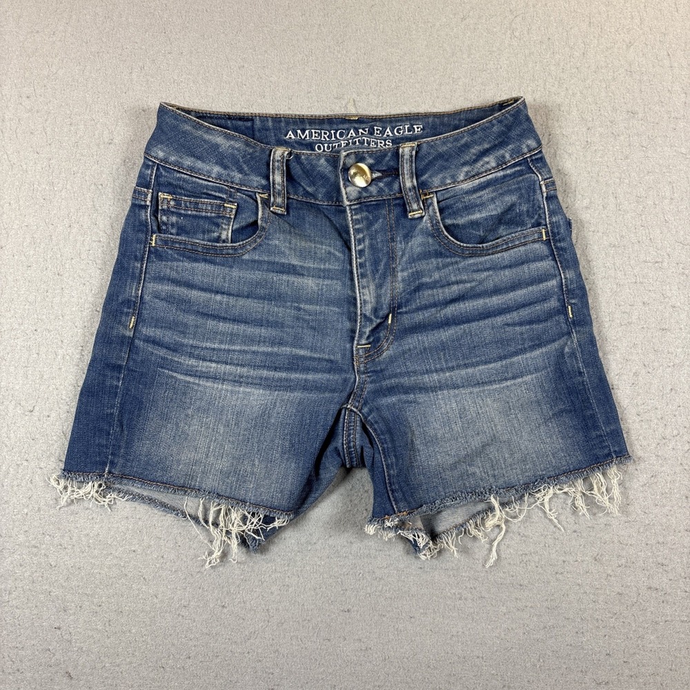 American Eagle Super Stretch Medium Wash Hi-Rise Shortie Denim Shorts‎ Women  00